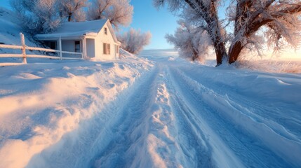 A serene winter scene featuring a snowy pathway guiding towards a quaint house, evoking feelings of warmth, comfort, and peacefulness amidst a cold landscape.