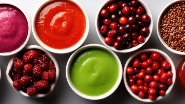 An assortment of vibrant dips and sauces displayed in small bowls showcases a rainbow of flavors, perfect for culinary presentations or food photography.