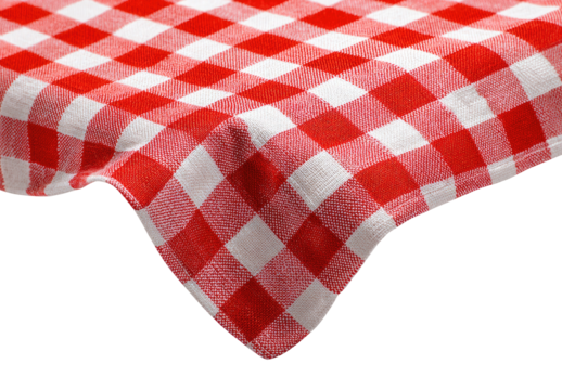 Close-up of a red and white checkered tablecloth, corner draped