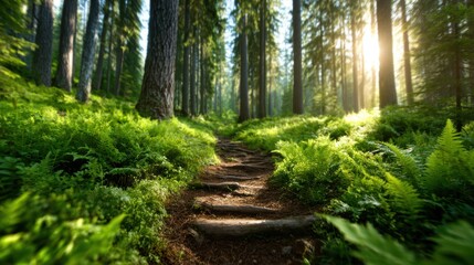 Obraz premium A tranquil forest pathway illuminated by soft sunlight filtering through tall trees, inviting viewers to explore the richness and serenity of nature's vibrant greenery.