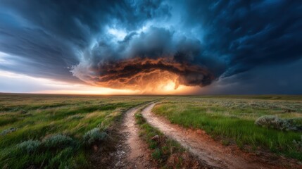 This stunning image captures a dramatic sky filled with dark storm clouds glowing in orange and blue hues over a lush green landscape during sunset.
