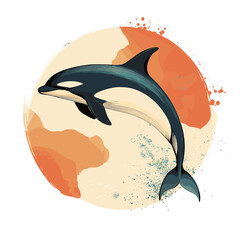 Orca whale jumping in abstract colorful splash background  