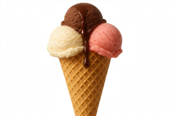 Ice cream cone with three scoops of vanilla, chocolate, and strawberry flavors, drizzling with chocolate syrup