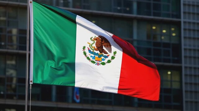 The vibrant flag of Mexico fluttering in the wind against the backdrop of a modern glass corporate building, symbolizing pride and business.