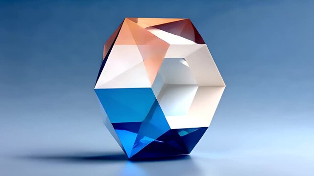 Abstract, faceted, geometric, crystal-like sculpture with blue and pink hues on a gradient background