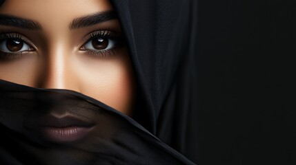 Naklejka premium Cultural expression muslim woman in hijab portrait photography emotional depth dark background close-up identity exploration