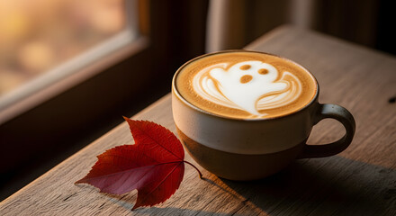 Ghost Latte Art in Coffee Cup by Window.