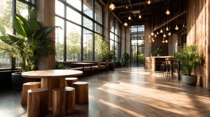 A beautifully designed modern cafe featuring large windows and ample plants, creating a warm inviting atmosphere perfect for social gatherings and relaxation.