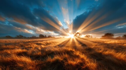 A breathtaking view of the sun breaking through clouds at dawn, casting rays of light over a vast golden field, evoking feelings of hope and tranquility in nature.