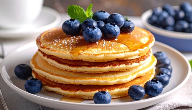 A stack of golden-brown pancakes topped with fresh blueberries and a sprig of mint, dusted with powdered sugar, and a side of fresh blueberries