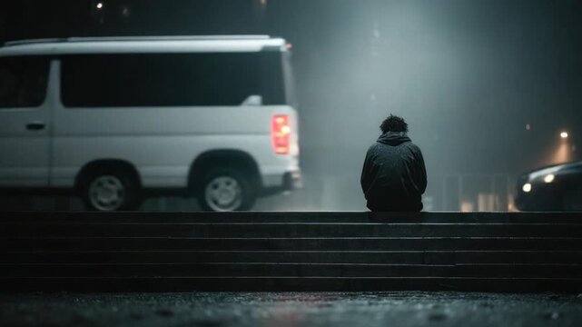 A hooded figure sits on outdoor stairs, facing towards a white van in a misty, nighttime scene