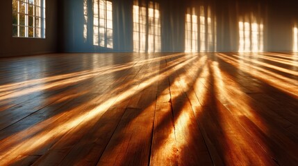 A serene image of warm sunlight filtering through windows, casting elongated shadows on a wooden floor, emphasizing texture and creating a calm ambiance in the room.