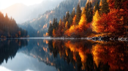 Naklejka premium Captivating scene of autumn foliage reflected on a calm lake, surrounded by misty mountains, capturing the beauty and serenity of nature in its most vibrant colors.