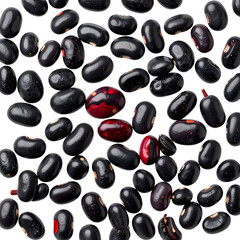 Overhead shot of a scattering of shiny, dark black beans, a few with reddish hues, on black