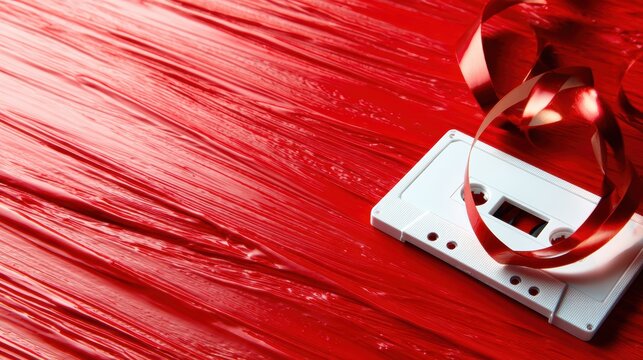 A vintage cassette tape lying on a vibrant red surface, with unwound ribbons sprawled around, capturing the nostalgia of music and the analog era with a captivating aesthetic.
