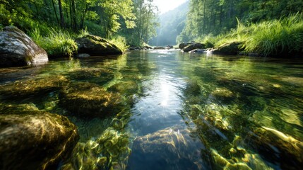 Marvel at the serene beauty of a crystal clear river flowing gently through lush greenery, perfect for outdoor enthusiasts and nature photographers.