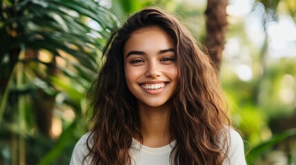 Naklejka premium Joyful young woman smiling in lush green garden portrait photography natural light outdoor setting vibrant emotion