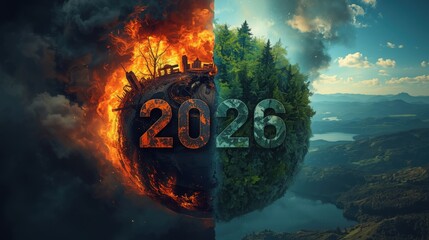 Earth divided showing climate change impact with the year 2026 prominently displayed