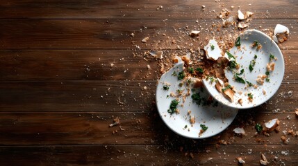A dramatic scene of broken plates and scattered crumbs on a rustic wooden table, evoking feelings of chaos and the aftermath of a meal gone wrong.