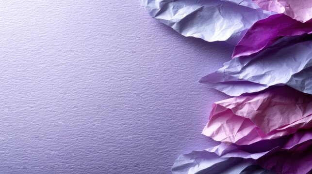 A collection of crumpled paper in shades of purple creates an intriguing texture against a soft backdrop, symbolizing creativity and spontaneity in artistic expression and design.