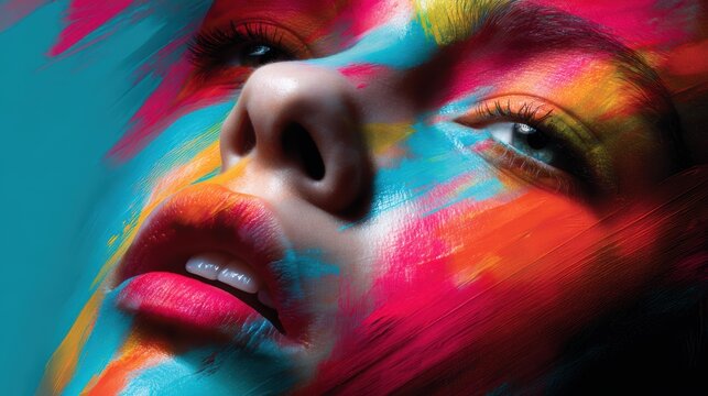 A striking close-up of a painted face, adorned with bright colors and abstract patterns that convey intense emotions and artistic expression, showcasing creativity in art.