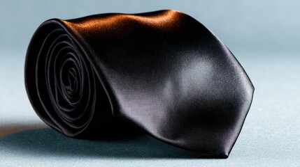 Obraz premium A stylish rolled black tie presented on a soft, subtle backdrop, capturing a sense of elegance and sophistication perfect for formal and business occasions.