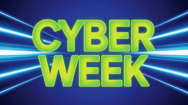 Bright neon green cyber week text glowing against a dark blue background with streaking light effects - Powered by Adobe