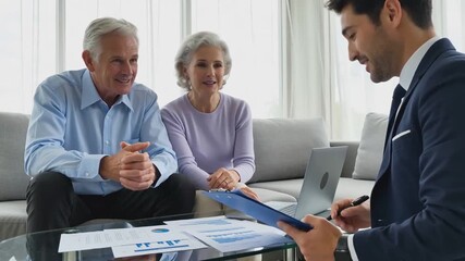 Smiling senior couple meeting with a male financial advisor at home, reviewing investment charts and retirement planning documents.