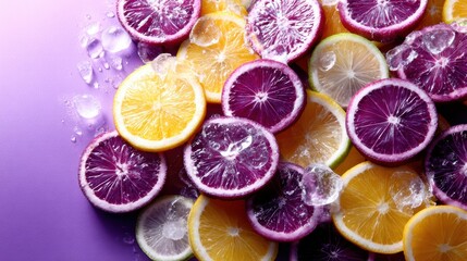 A vibrant display of sliced citrus fruits with ice on a purple background highlights refreshing patterns and colors, perfect for summer-themed culinary imagery.
