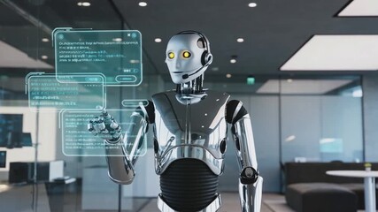Chrome humanoid robot with a headset interacting with a transparent screen in a modern, glass-walled office, symbolizing automated customer service. - Powered by Adobe
