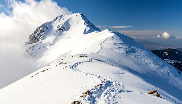 A snow-covered mountain range stretches towards a bright sky, with clouds partially obscuring the peak. Footprints mark a path - Powered by Adobe