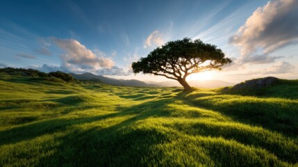 A breathtaking view of a single tree silhouetted against a brilliant sunset, casting long shadows over an expansive green landscape, evoking tranquility and connection with nature.