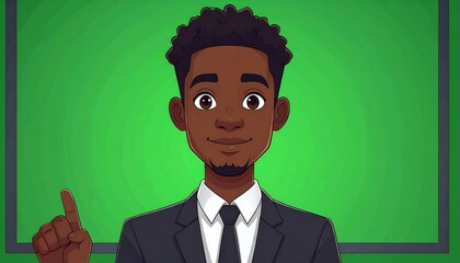 A smiling, dark-skinned man in a suit points upwards with his index finger. A green screen serves as the backdrop