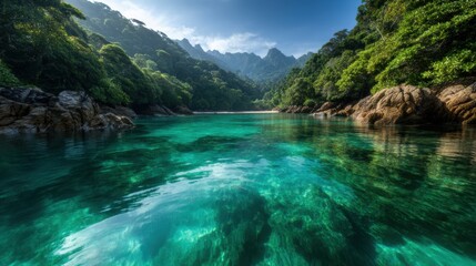 A serene tropical lagoon with crystal-clear water, surrounded by lush hills and dense trees, embodying tranquility and natural beauty in a captivating landscape.