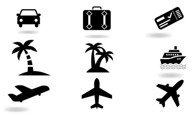 Travel and Vacation Icons Set  Car, Airplane, Luggage, Cruise, and Palm Tree Silhouettes