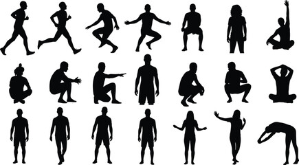 Human pose silhouettes, body movement, gesture variety, sitting, running, stretching, squatting, anatomy reference, black and white, figure drawing