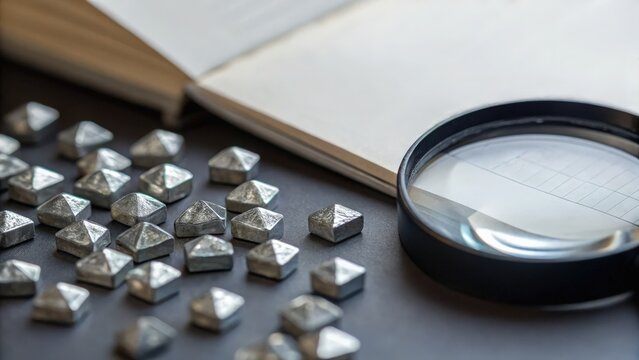 Rare earth element Metal type pieces scattered next to a magnifying glass and an open book.