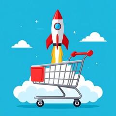 Rocket in shopping cart, cloud background