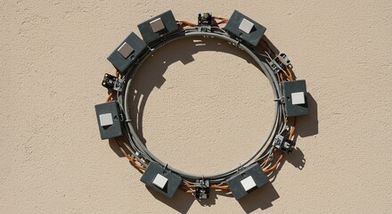 Circular array of square panels on a wall with cabling and electrical components