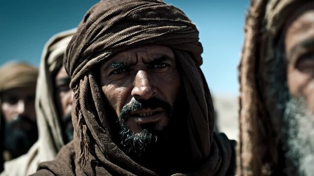 A man with a turban on his head showing an intense look, with other men in the background, footage