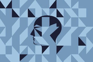 Stylized geometric mosaic illustration of a human face in blue tones, symbolizing thought, calm, and technology. Modern abstract portrait art