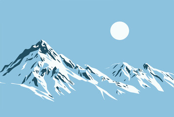 Vector illustration of a high snow covered mountain peak with sharp ridges and blue sky with clouds in the background	
