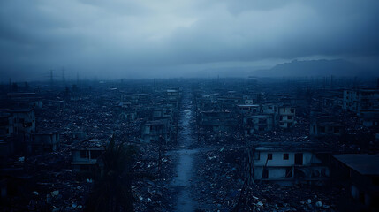 Desolate cityscape aerial view of urban destruction