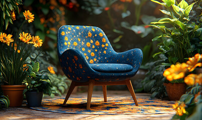 Blue floral armchair in sunlit garden setting home decor image