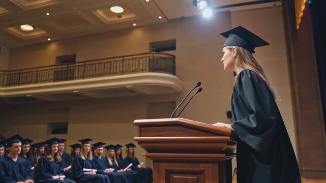 Female valedictorian in a black cap and gown giving a passionate commencement speech at the podium to a seated audience of graduates.