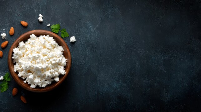 A rustic wooden bowl filled with fresh cottage cheese, garnished with almonds and parsley, set against a dark textured backdrop evoking warmth and nourishment.