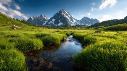 A breathtaking view of majestic mountains enveloped in lush green fields, with a serene stream flowing through, created for nature lovers and outdoor enthusiasts.