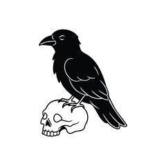 Fototapeta premium A black raven perched atop a skull, , creating a striking and symbolic image with a gothic and mysterious atmosphere