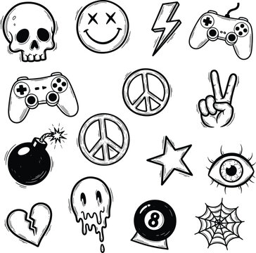 Hand drawn graphic design elements collection includes skull smile lightning peace sign game controller Bomb broken heart melting ghost