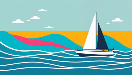Naklejka premium a modern flat design seascape with a sailboat on stylized blue waves against a horizon of yellow and light blue sky, creating a calm coastal scene.